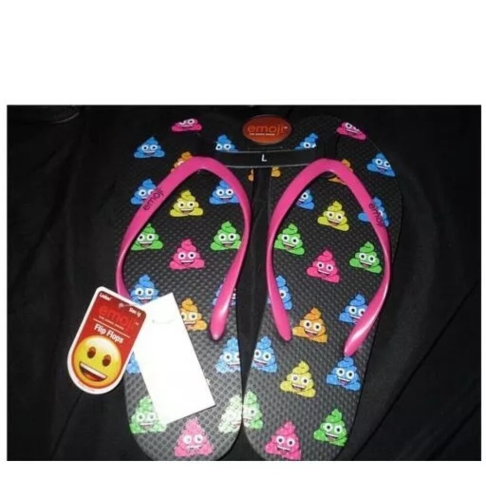 NEW Ladies Emoji Size Large Sandals Shoes Strappy Flip Flop Poop Hot Pink Black